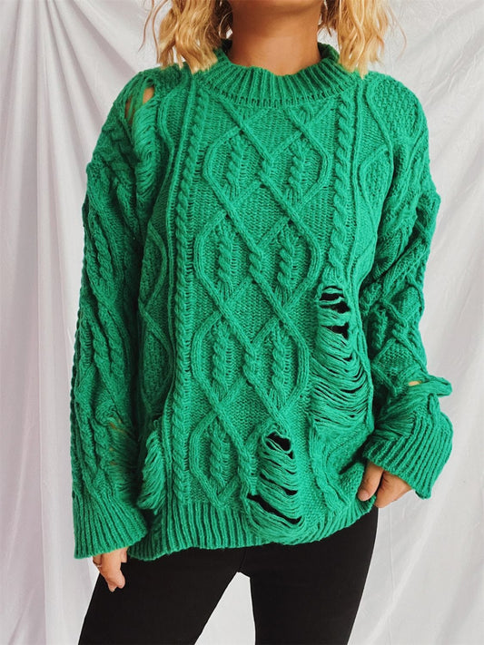 Distressed Cable-Knit Round Neck Long Sleeve Sweater - Trendsi