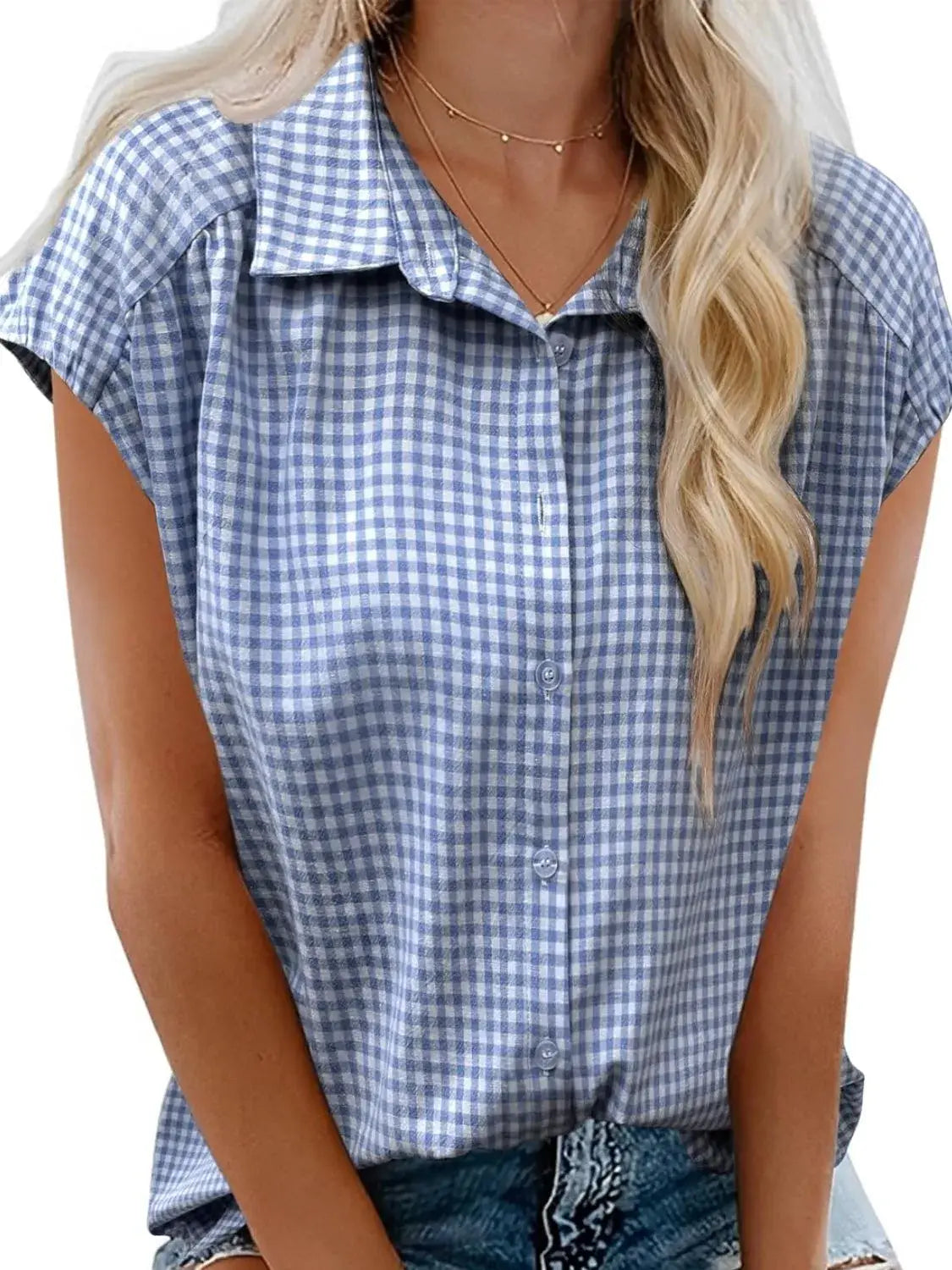 Plaid Button Up Cap Sleeve Shirt - Trendsi - Flyclothing LLC