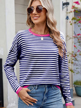 Striped Contrast Round Neck Long Sleeve Sweater - Trendsi - Flyclothing LLC