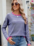 Striped Contrast Round Neck Long Sleeve Sweater - Trendsi - Flyclothing LLC