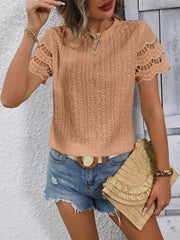 Full Size Eyelet Round Neck Short Sleeve Top - Trendsi