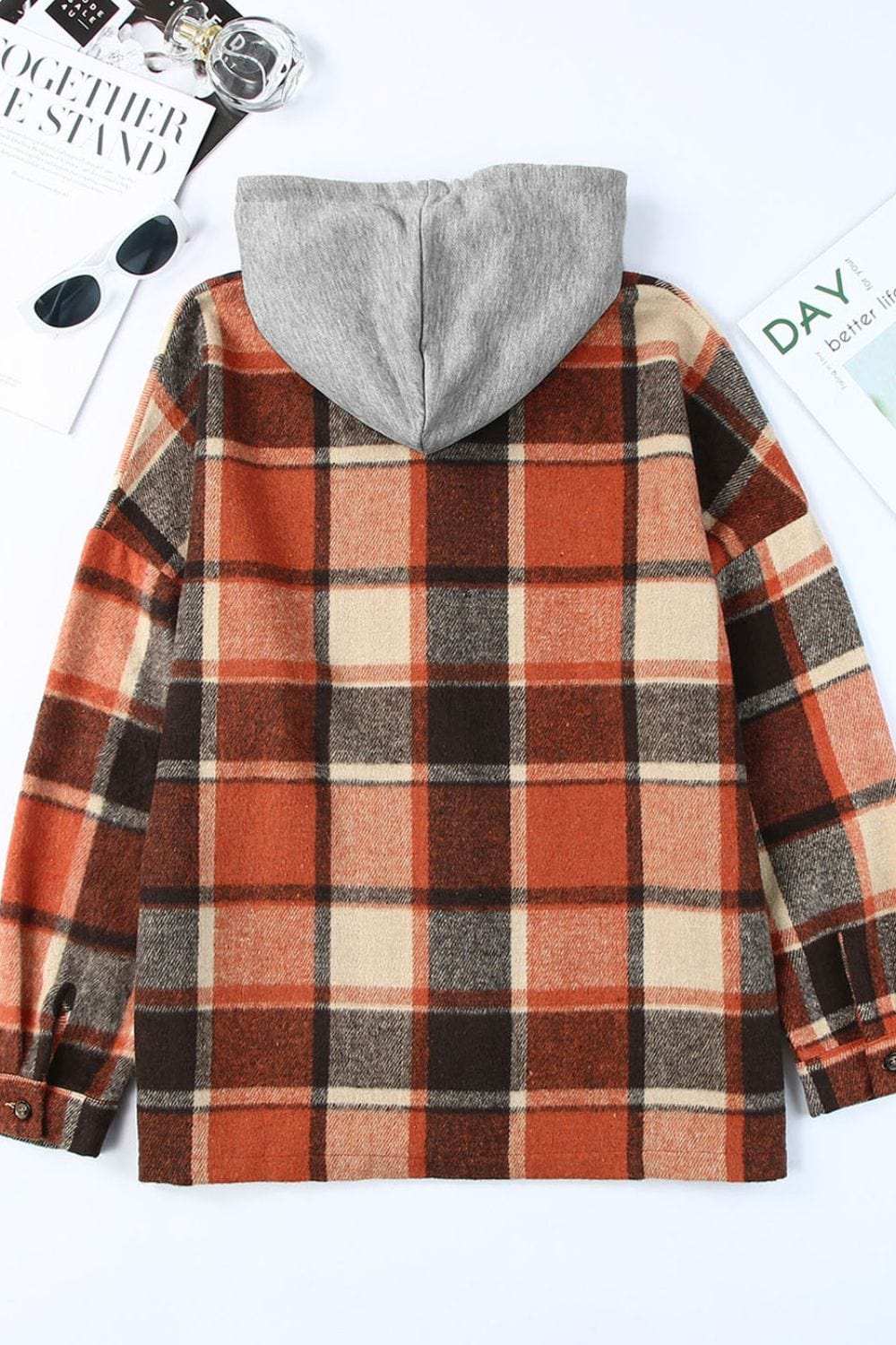 Plaid Button Up Hooded Shacket - Trendsi - Flyclothing LLC