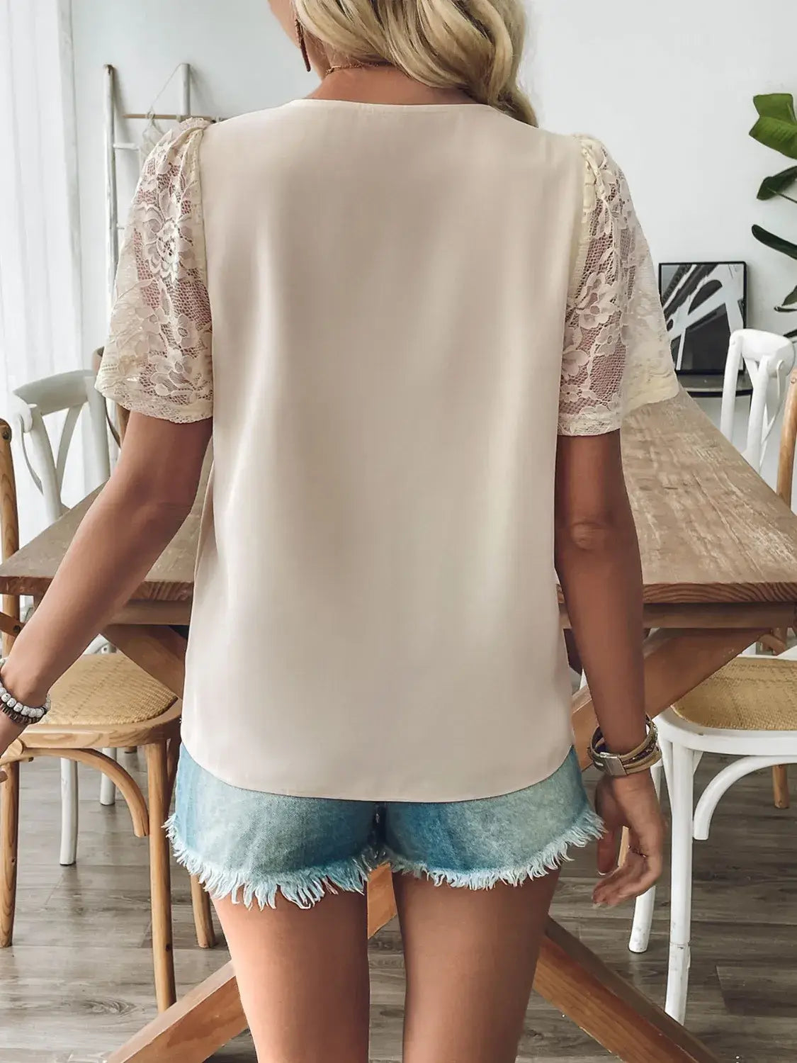 V-Neck Lace Short Sleeve T-Shirt - Trendsi - Flyclothing LLC