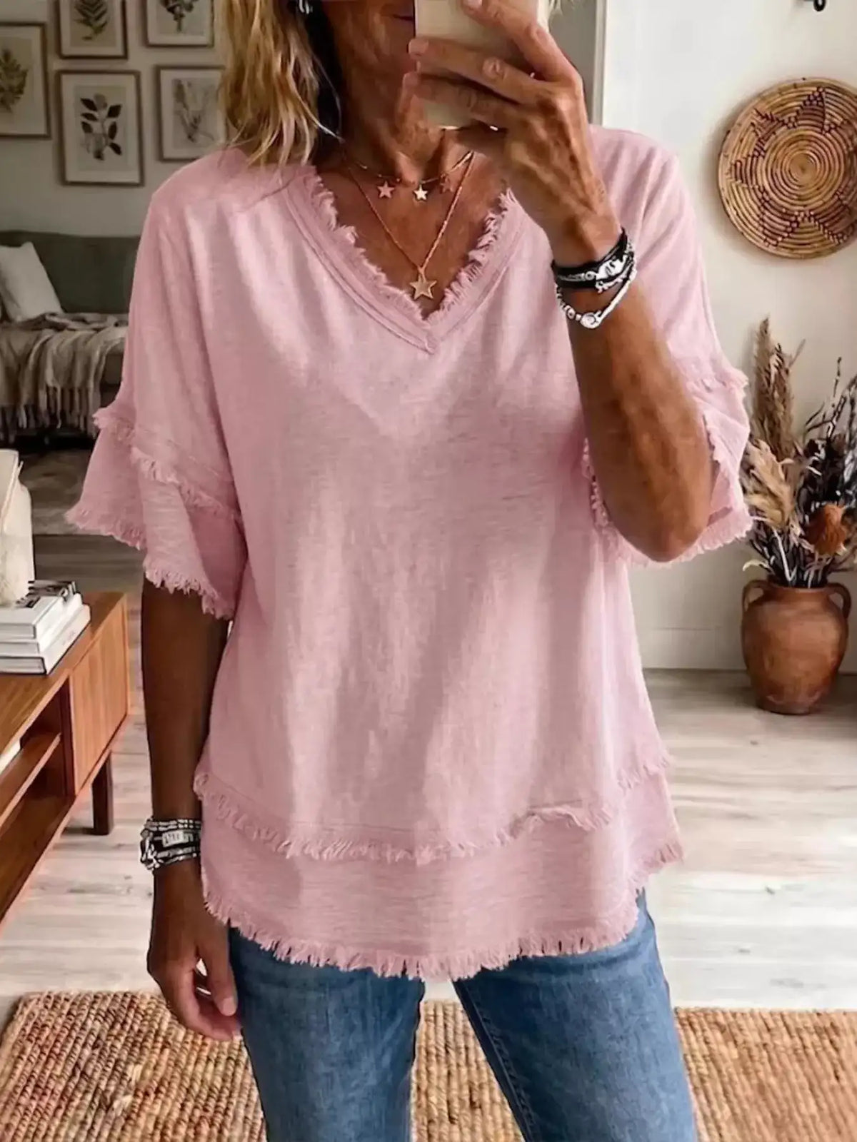 Full Size Frayed Edge V-Neck Blouse Plus Size - Trendsi - Flyclothing LLC