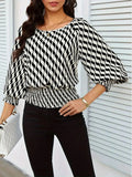 Geometric Print Lantern Sleeve Smocked Waist Blouse - Trendsi
