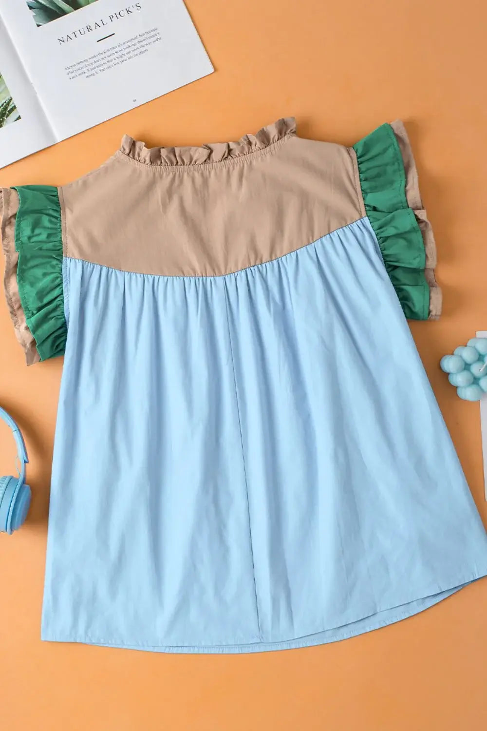 Color Block Notched Ruffled Cap Sleeve Blouse - Trendsi - Flyclothing LLC