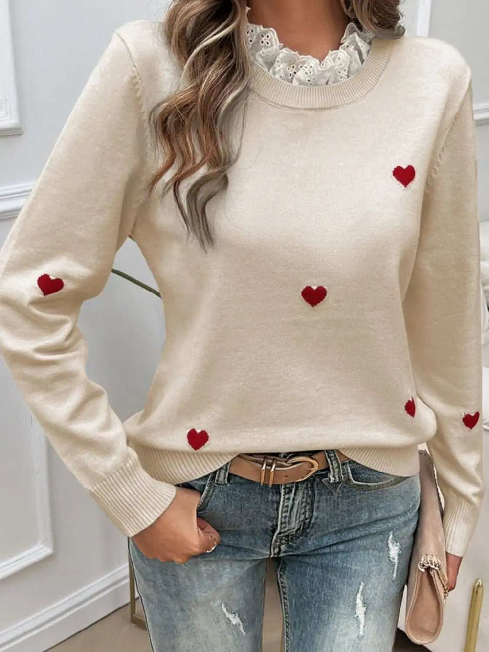 Lace Detail Heart Long Sleeve Sweater - Trendsi - Flyclothing LLC