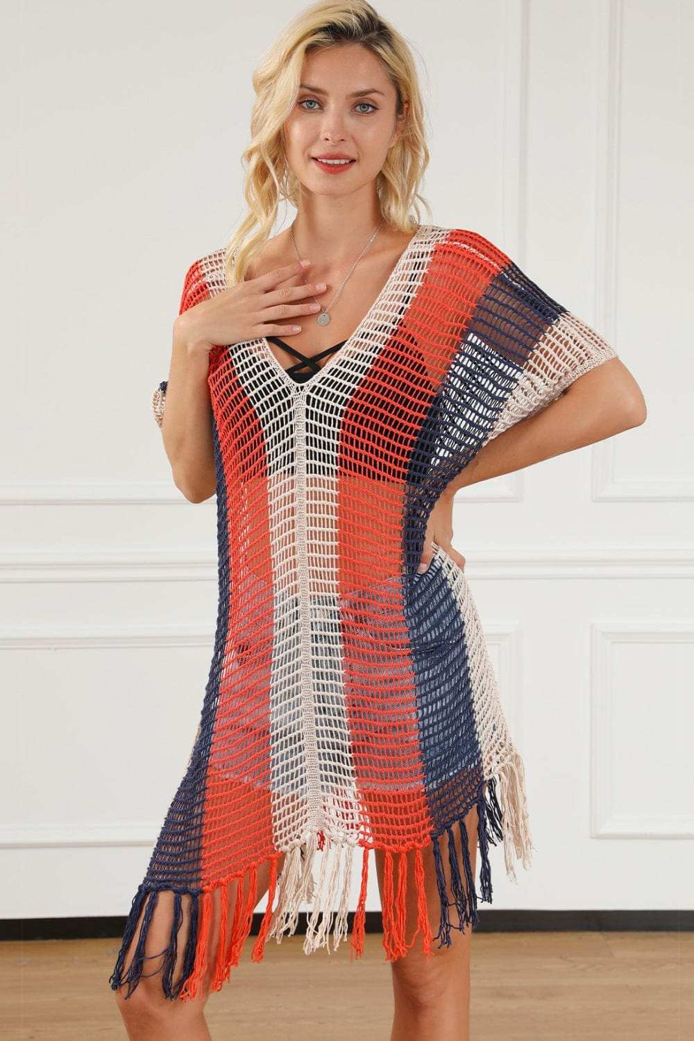 Tassel Color Block V-Neck Cover Up - Trendsi - Flyclothing LLC