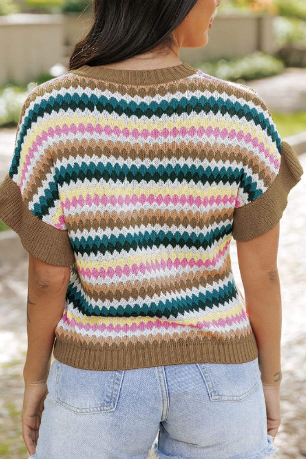 Contrast Round Neck Short Sleeve Sweater - Trendsi - Flyclothing LLC