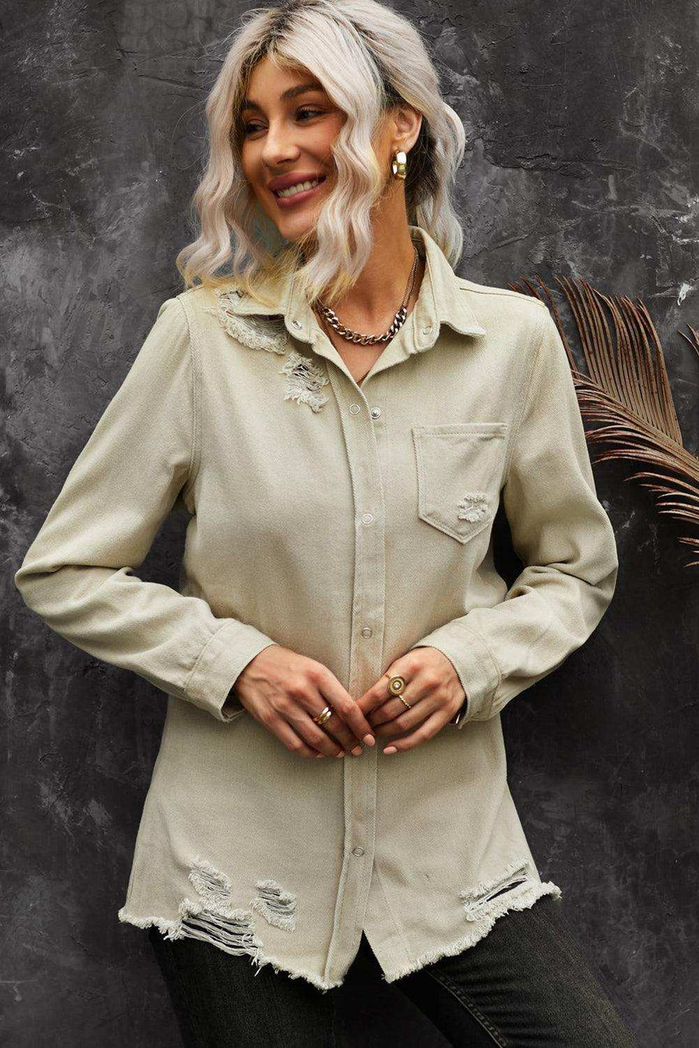 Distressed Snap Down Denim Jacket - Trendsi - Flyclothing LLC