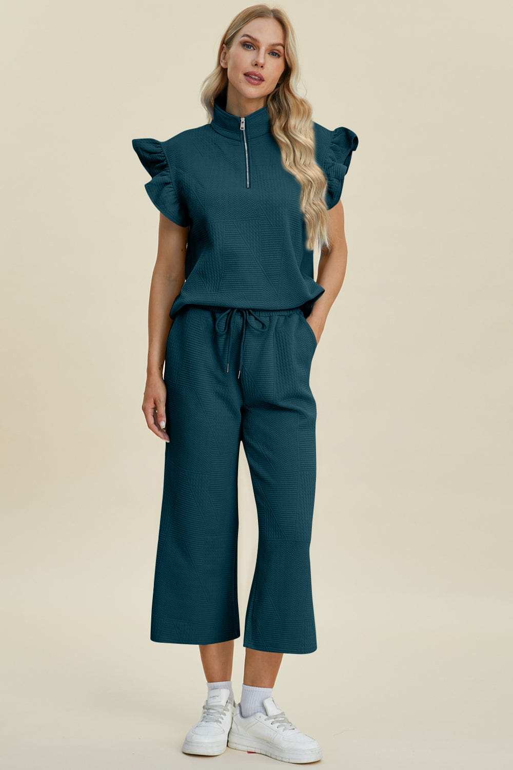 Double Take Full Size Texture Ruffle Short Sleeve Top and Wide Leg Pants Set - Trendsi - Flyclothing LLC