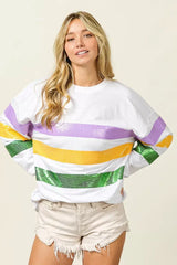 BiBi Sequin Mardi Gras Striped Round Neck Sweatshirt - Trendsi - Flyclothing LLC