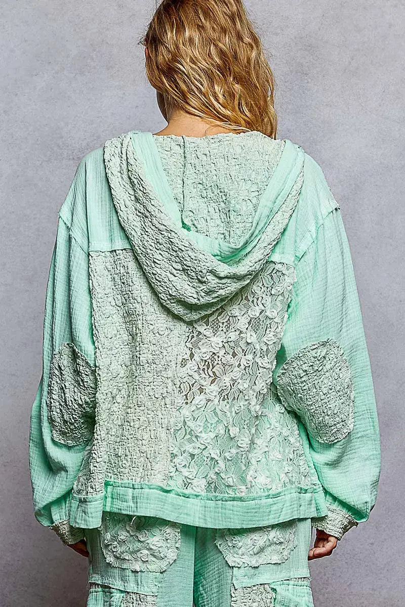 POL Exposed Seam Button Down Hooded Jacket with Lace Detail - Trendsi - Flyclothing LLC