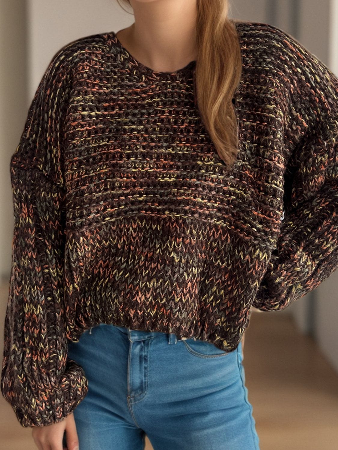 Dropped Shoulder Long Sleeve Sweater - Trendsi