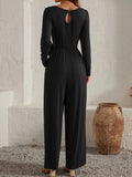Tied Round Neck Long Sleeve Jumpsuit - Trendsi
