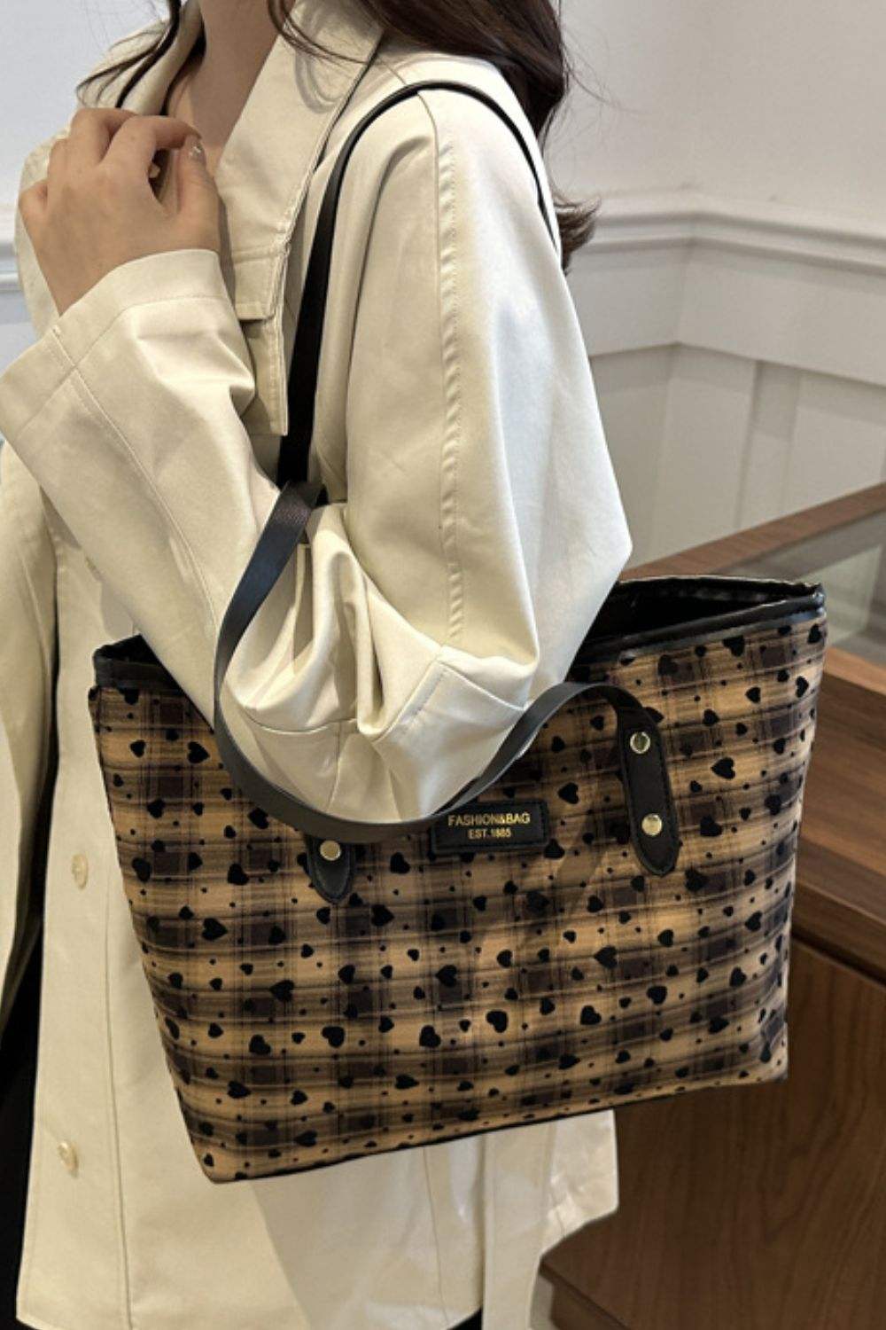 Heart Plaid PU Leather Strap Tote Bag - Trendsi - Flyclothing LLC