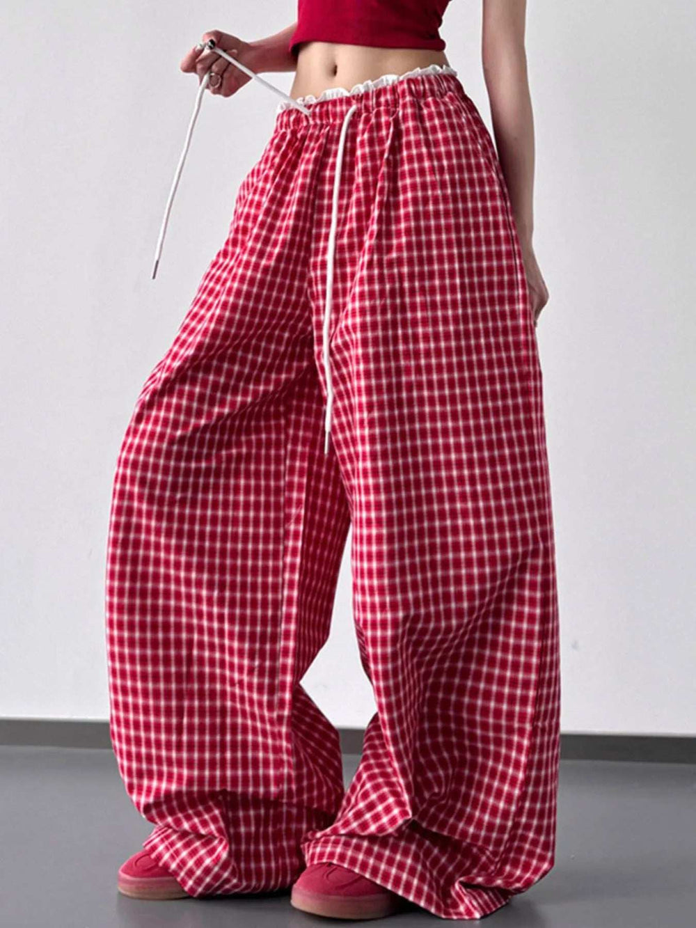 Drawstring Plaid Wide Leg Pants - Trendsi - Flyclothing LLC
