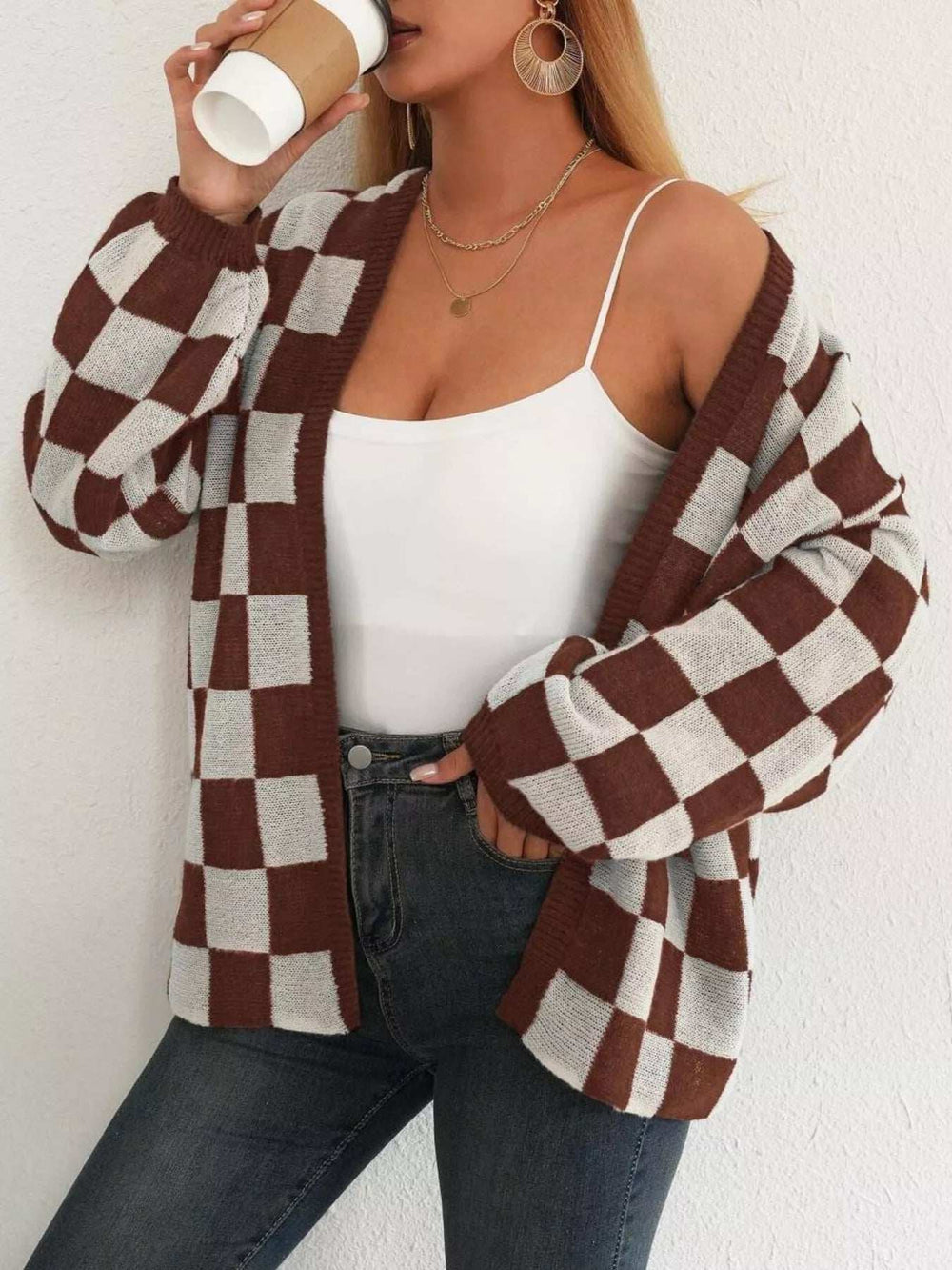 Checkerboard Pattern Open Front Knit Cardigan - Trendsi - Flyclothing LLC