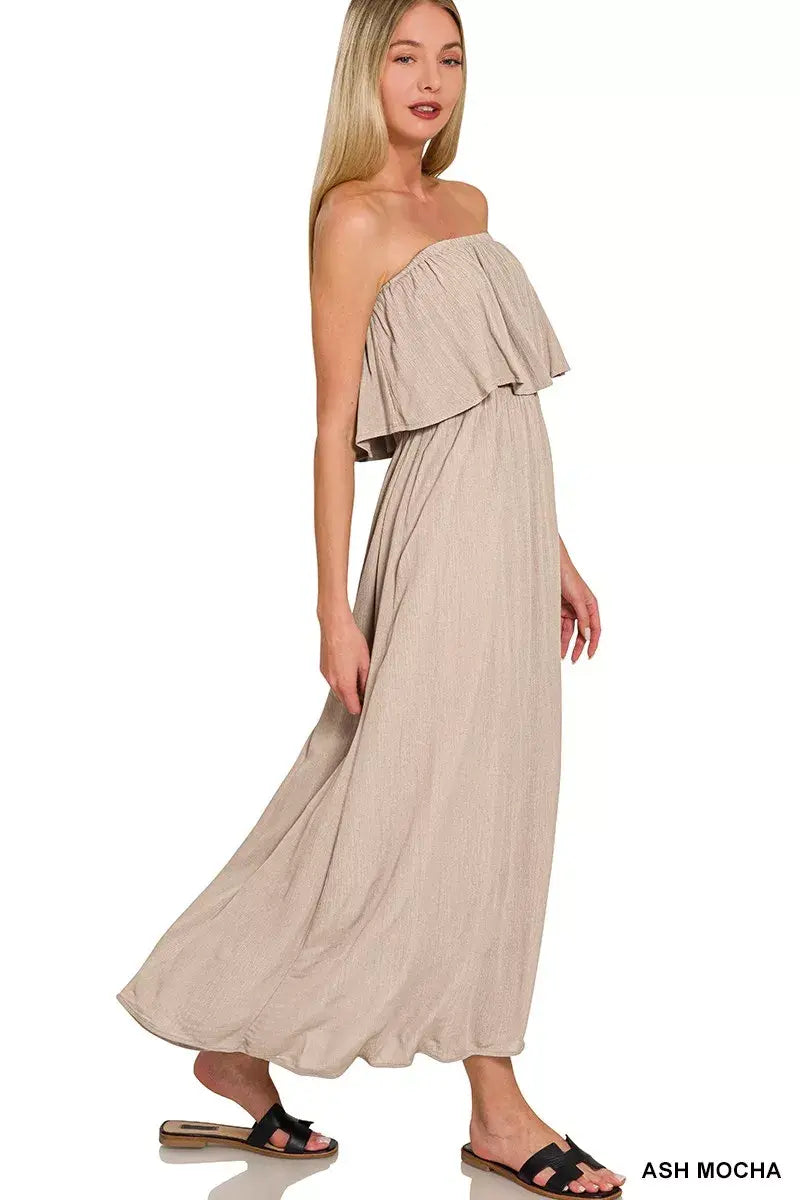 Zenana Woven Crinkle Strapless Maxi Dress - Trendsi - Flyclothing LLC