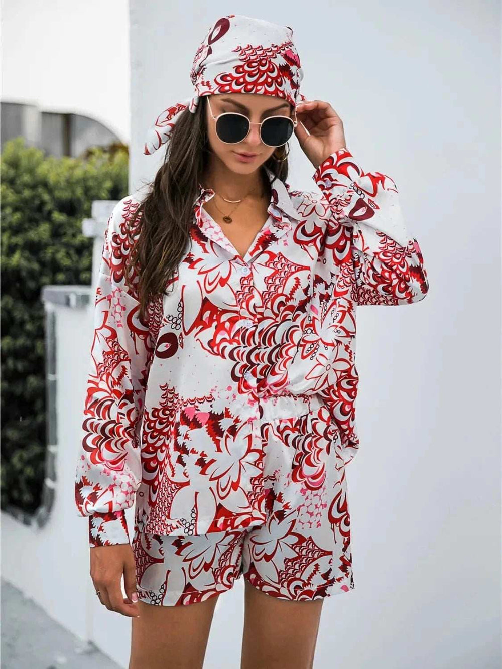 Printed Button Up Long Sleeve Shirt and Shorts Set - Trendsi - Flyclothing LLC