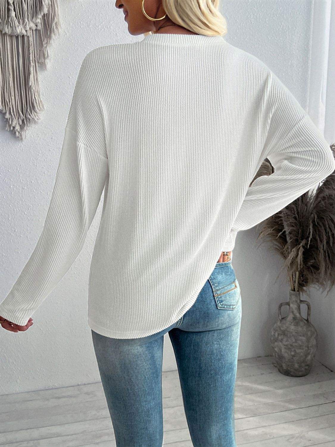 Double Take Pocketed Textured V-Neck Long Sleeve T-Shirt - Trendsi - Flyclothing LLC