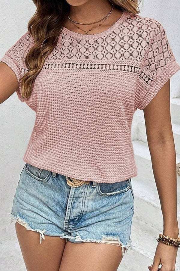 Lace Patchwork Waffle Short Sleeve Knit Top - Trendsi - Flyclothing LLC