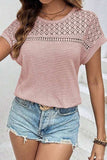 Lace Patchwork Waffle Short Sleeve Knit Top - Trendsi - Flyclothing LLC