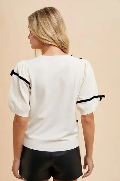 Annie Wear Striped Bow Round Neck Knit Top - Trendsi - Flyclothing LLC