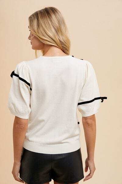 Annie Wear Striped Bow Round Neck Knit Top - Trendsi - Flyclothing LLC