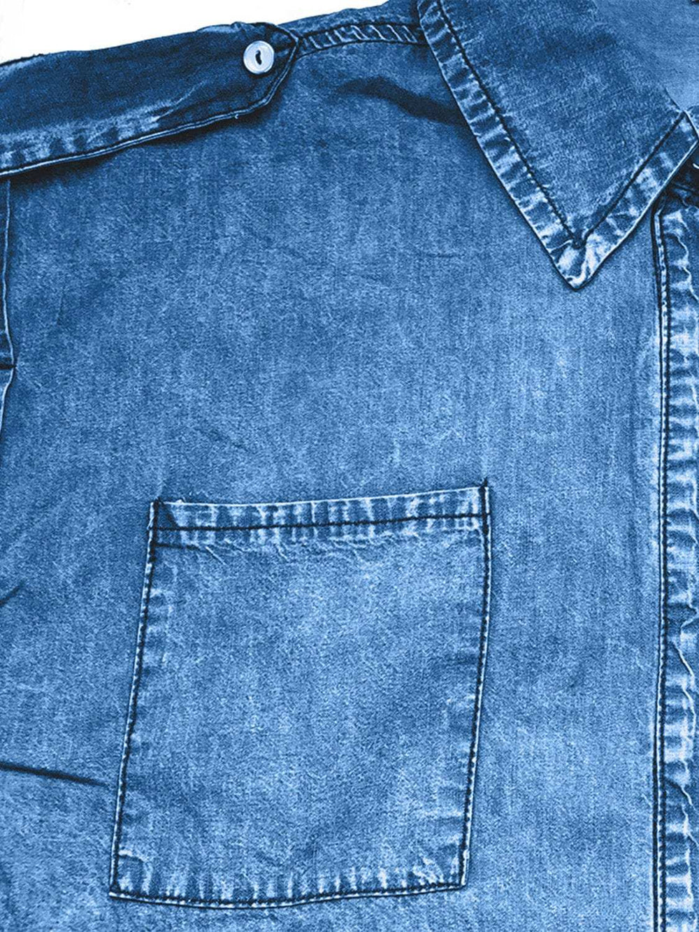 Collared Neck Cap Sleeve Denim Top - Trendsi - Flyclothing LLC