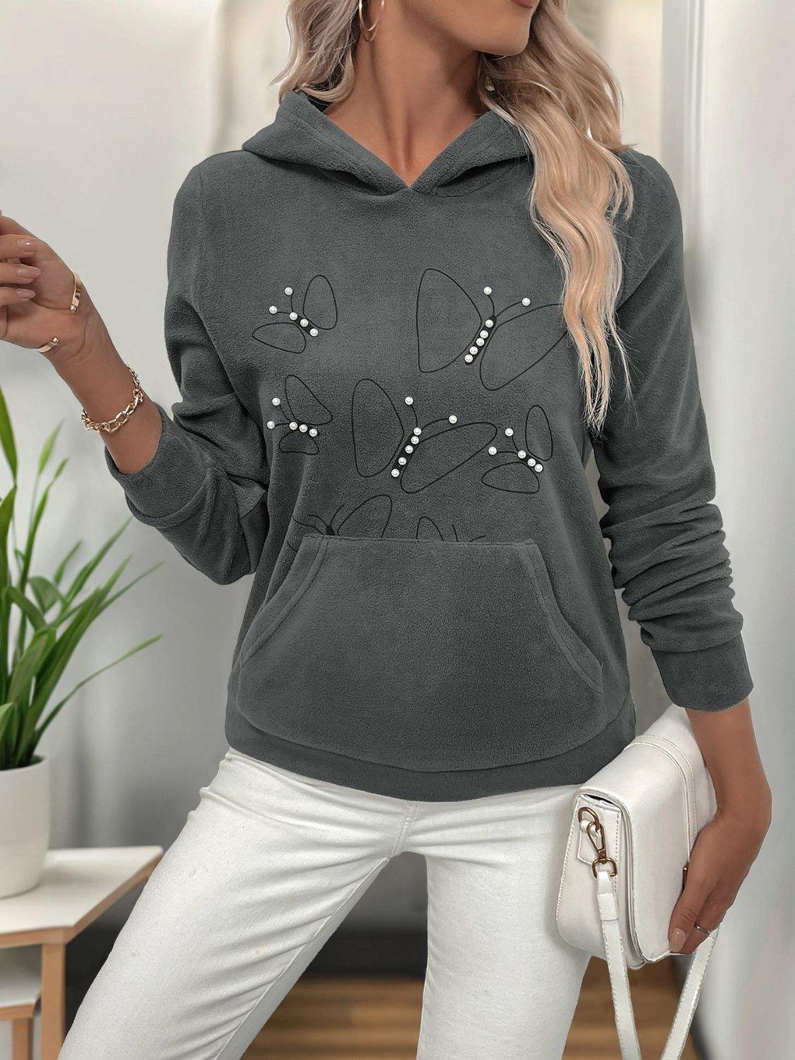 Perfee Pearl Butterfly Long Sleeve Hoodie - Trendsi - Flyclothing LLC