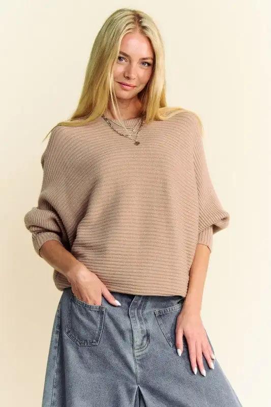 Davi & Dani Round Neck Batwing Sleeve Sweater - Trendsi