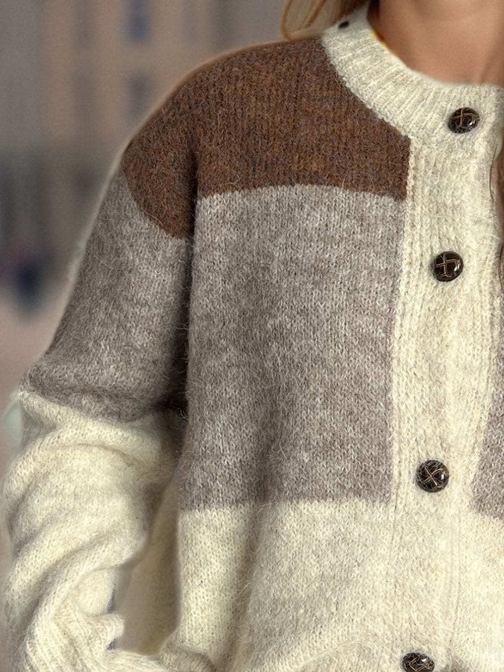 Color Block Round Neck Button Up Cardigan - Trendsi - Flyclothing LLC