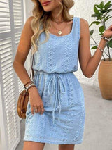 Eyelet Drawstring Round Neck Sleeveless Dress - Trendsi - Flyclothing LLC