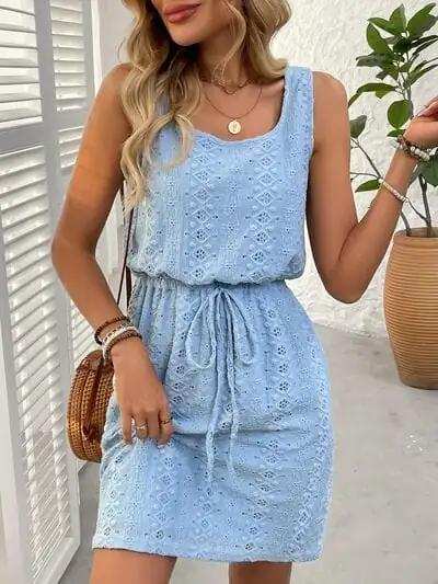 Eyelet Drawstring Round Neck Sleeveless Dress - Trendsi - Flyclothing LLC