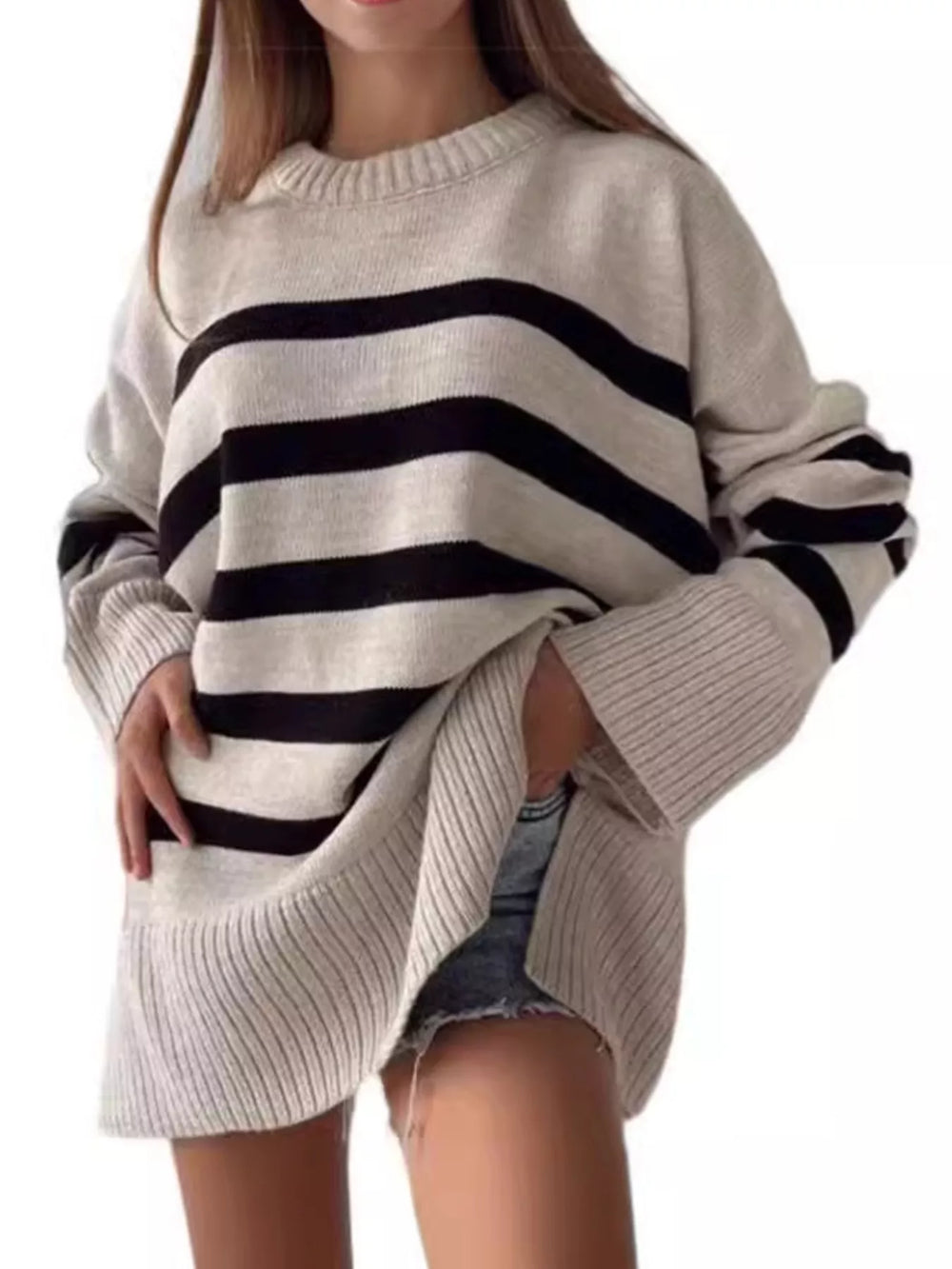 Side Slit Striped Oversized Knit Sweater - Trendsi - Flyclothing LLC