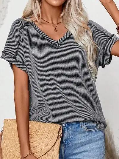 Exposed Seam V-Neck Short Sleeve Top - Trendsi