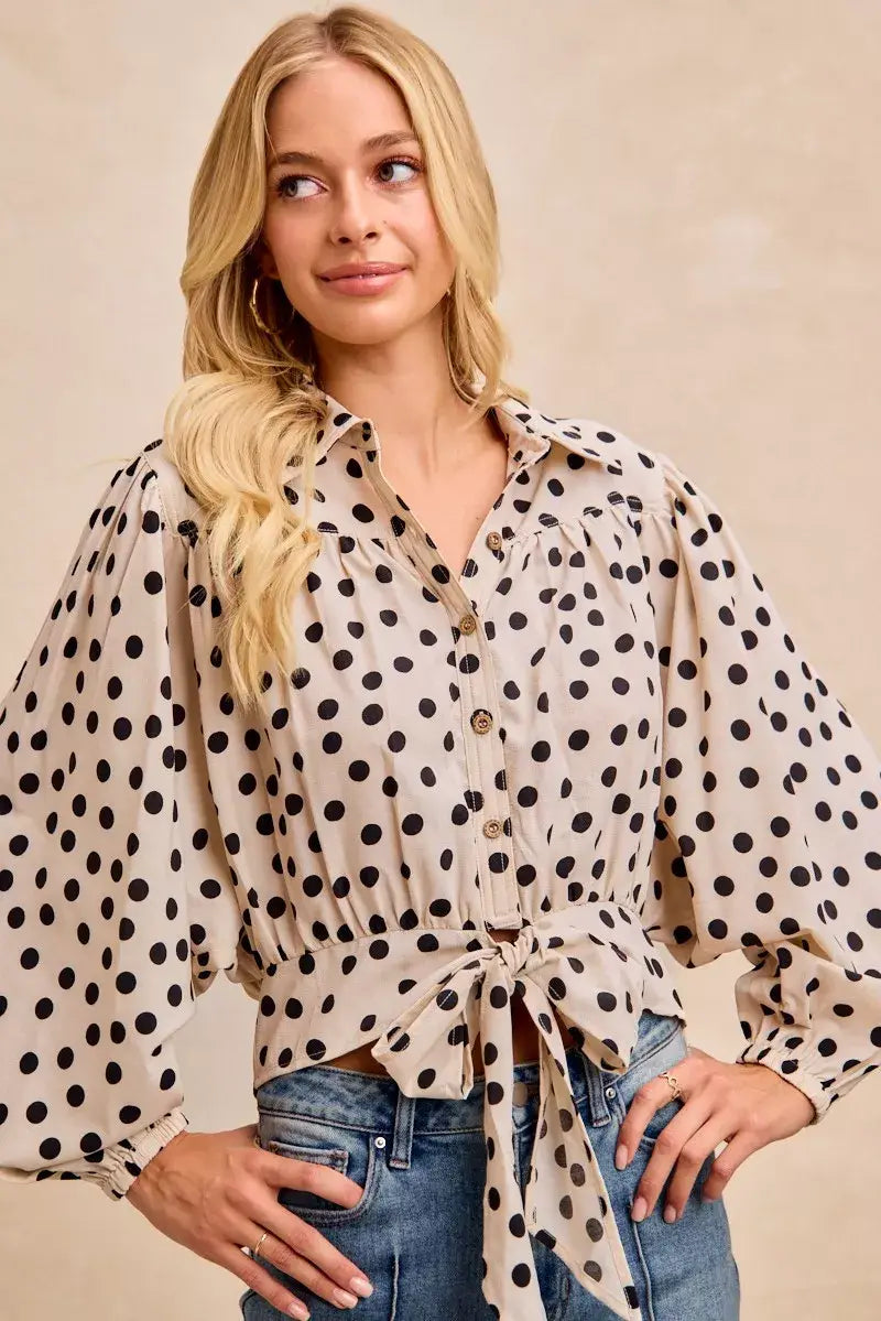 BiBi Polka Dot Print Tie Hem Detail Crop Shirt - Trendsi - Flyclothing LLC