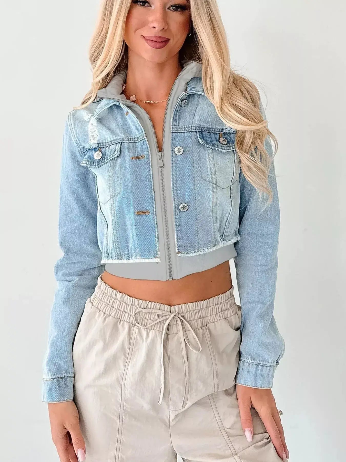 Distressed Zip Up Cropped Hooded Denim Jacket - Trendsi - Flyclothing LLC
