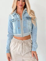 Distressed Zip Up Cropped Hooded Denim Jacket - Trendsi - Flyclothing LLC