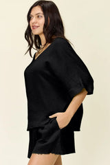 Double Take Texture Half Sleeve T-Shirt and Drawstring Shorts Set - Trendsi - Flyclothing LLC
