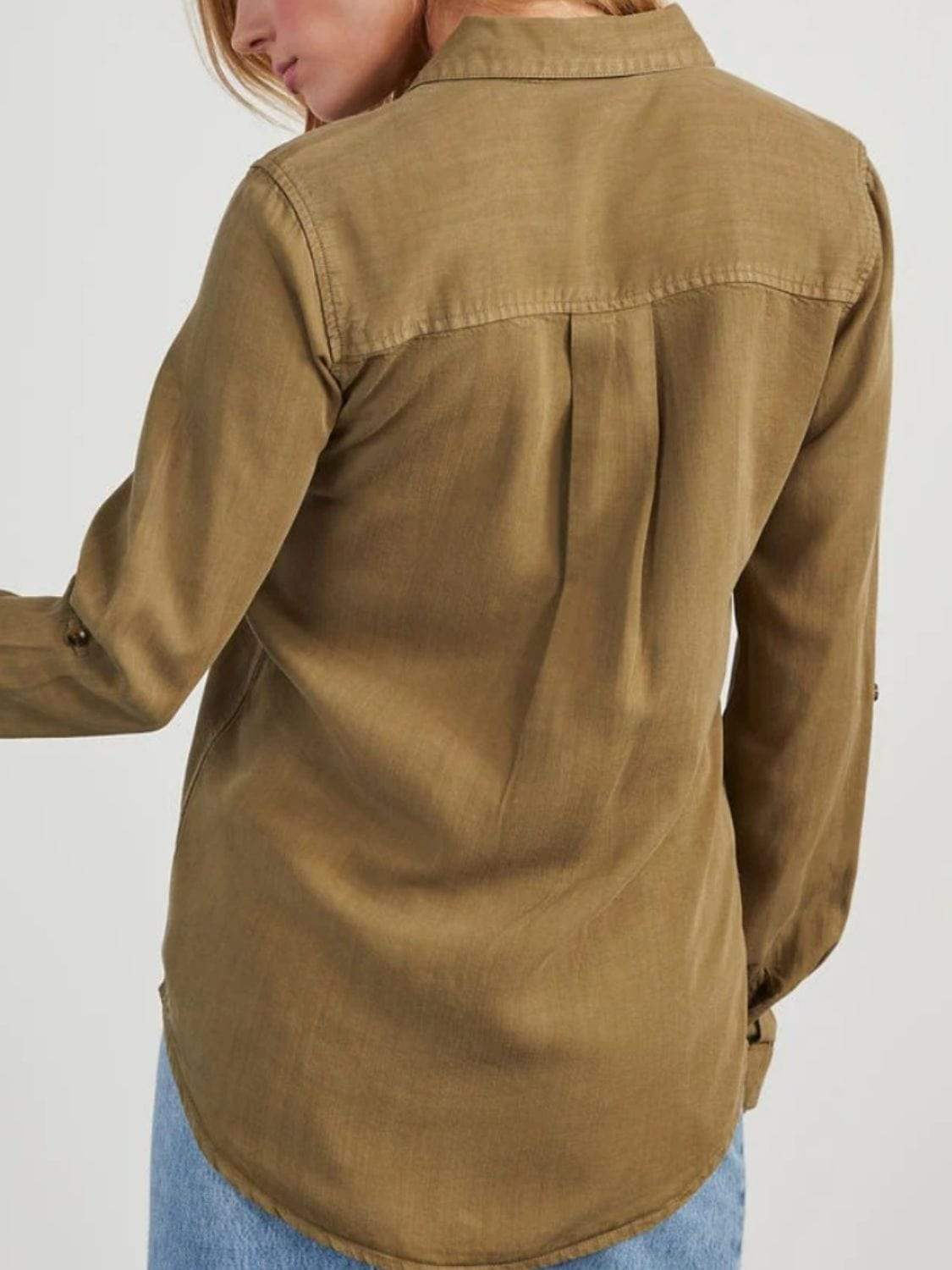 Collared Neck Roll-Tab Sleeve Denim Top - Trendsi - Flyclothing LLC