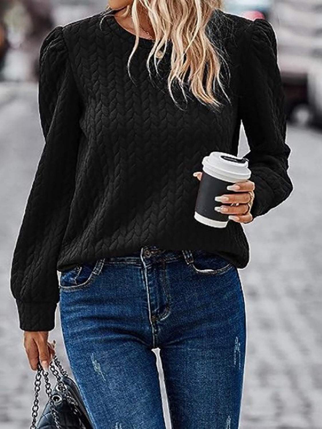 Textured Round Neck Long Sleeve Sweatshirt - Trendsi - Flyclothing LLC