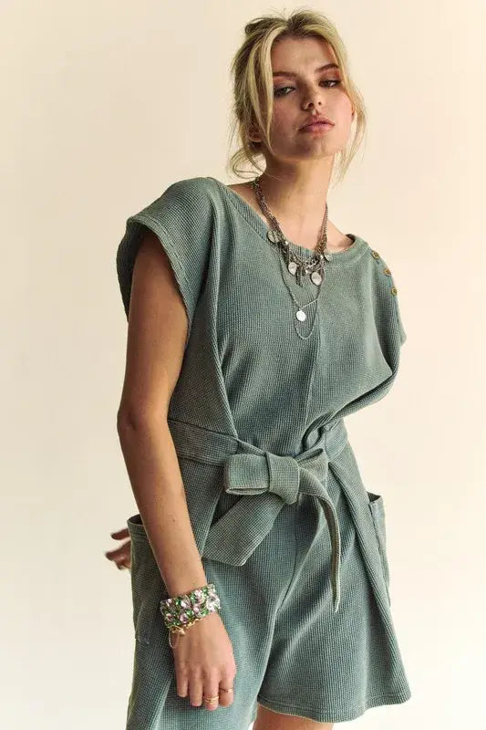 Davi & Dani Acid-Washed Waffle Knit Cuffed Sleeves Romper - Trendsi - Flyclothing LLC