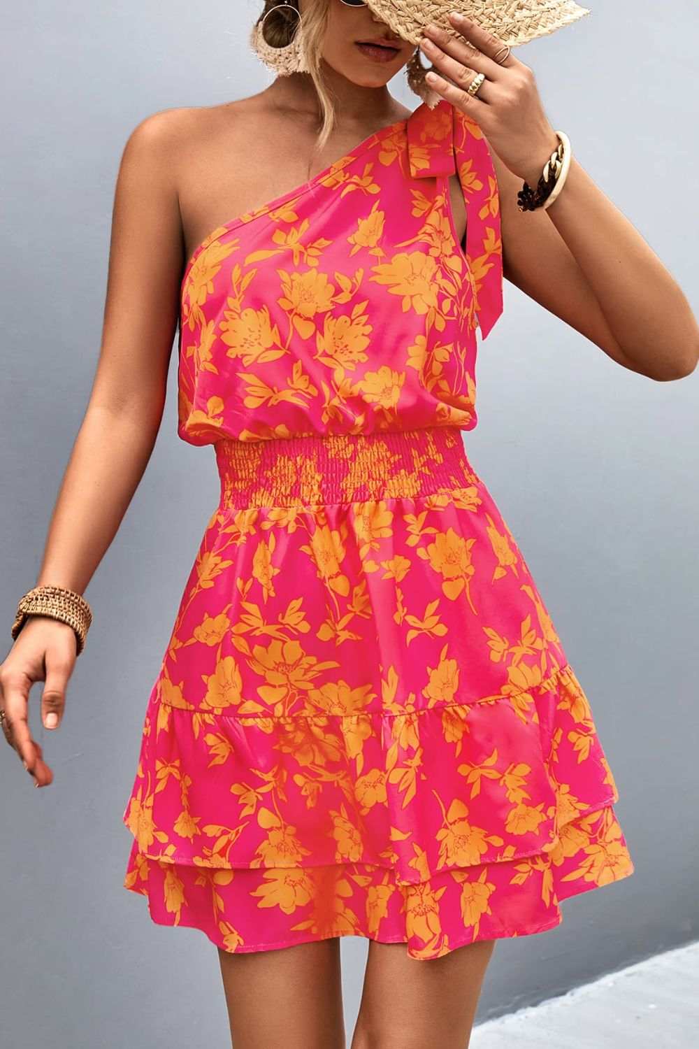 Tied Smocked Printed Single Shoulder Dress - Trendsi - Flyclothing LLC