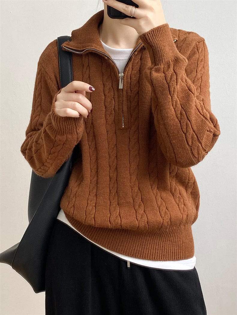 Cable-Knit Half Zip Long Sleeve Sweater - Trendsi - Flyclothing LLC