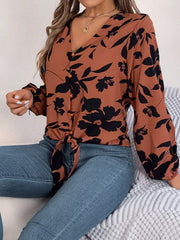 Printed V-Neck Long Sleeve Blouse - Trendsi