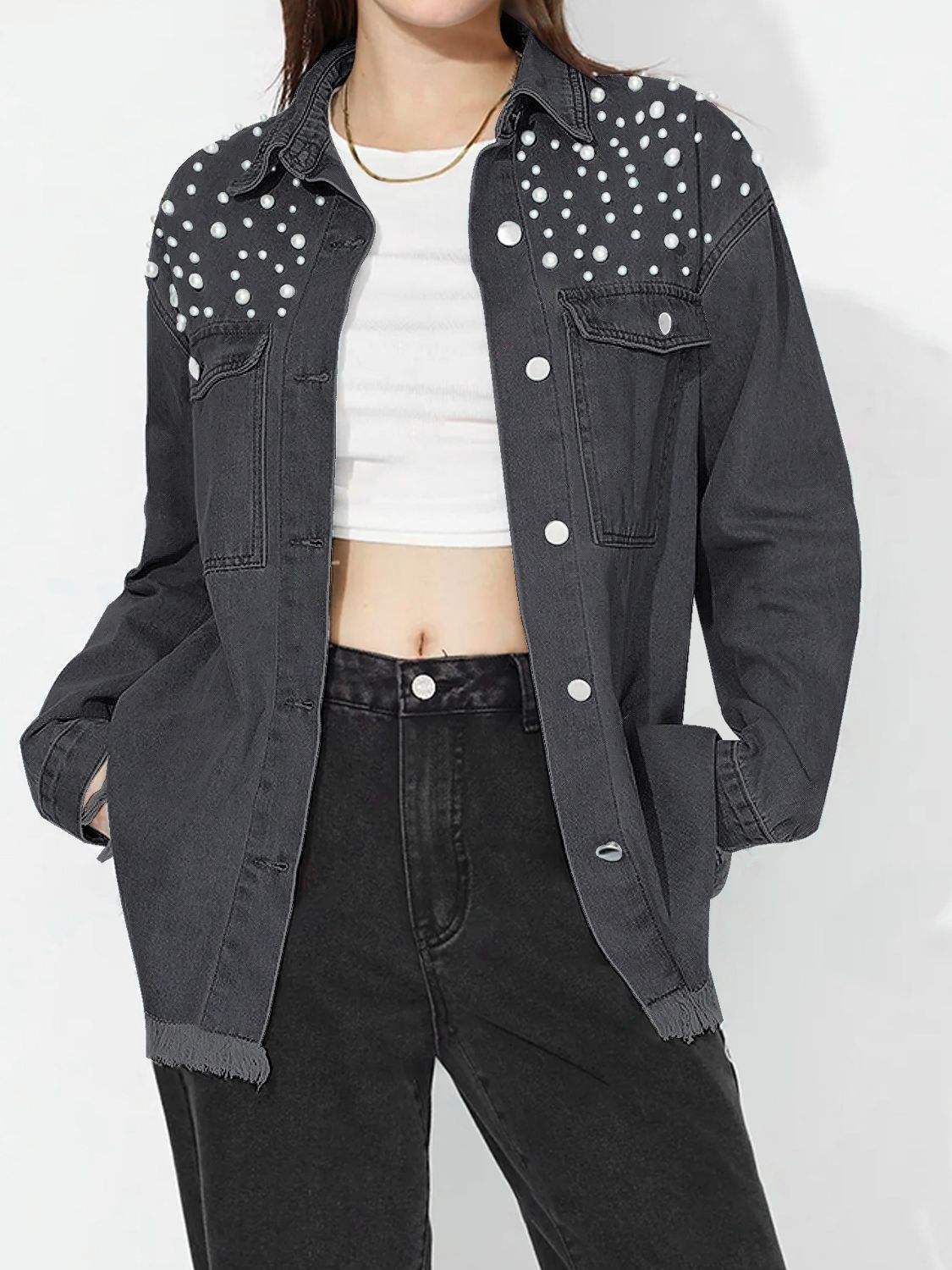 Raw Hem Pearl Trim Collared Neck Denim Top - Trendsi - Flyclothing LLC