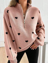 Full Size Heart Half-Zip Long Sleeve Sweater Plus Size - Trendsi - Flyclothing LLC
