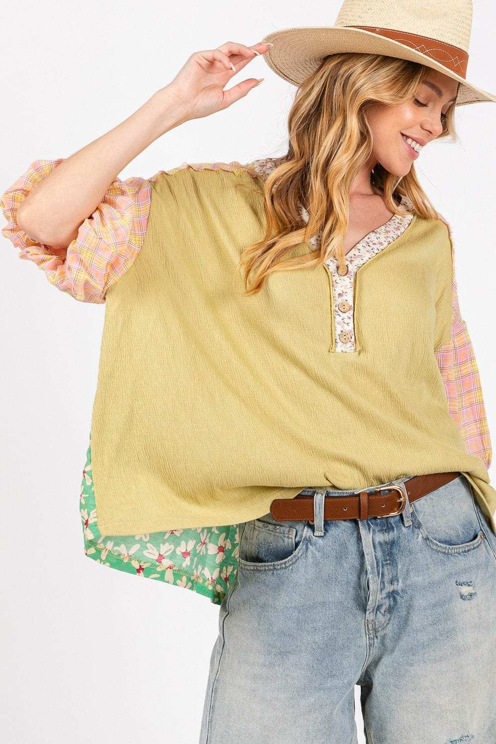 SAGE + FIG Color Block Bubble Sleeve Top - Trendsi - Flyclothing LLC